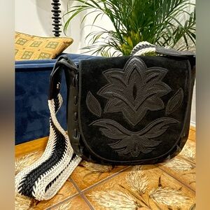 Sam Edelman Black Crossbody Bag with Woven Strap and Tooled Leather